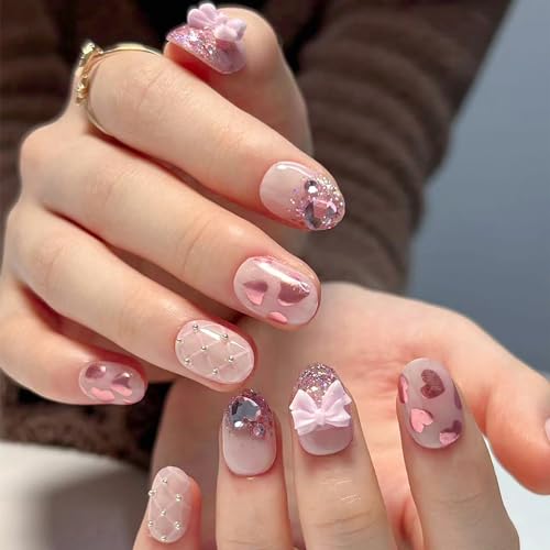 24PC Almond Glossy Press-On Nails - Medium Length, 3D Designs-Free Shipping