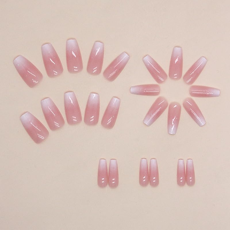 Press On Medium Long Square Nails - Rhinestone Pink Bling 3D Flower 24Pcs Reusable Nail Kit-Free Shipping