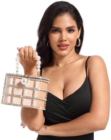 Glamorous Rhinestone-Encrusted Bucket Clutch - Elegant Pearl Handle Detail for Special Occasions