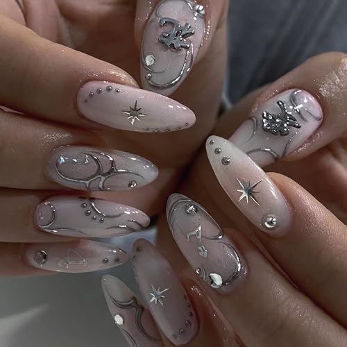 24PC Almond Glossy Press-On Nails - Medium Length, 3D Designs-Free Shipping