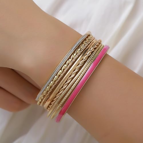 Gold and Silver Bangle Bracelet Sets - Multi-Layer Stackable Textured Bangles