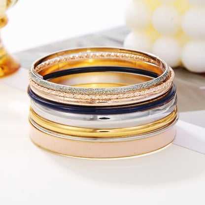 Gold and Silver Bangle Bracelet Sets - Multi-Layer Stackable Textured Bangles