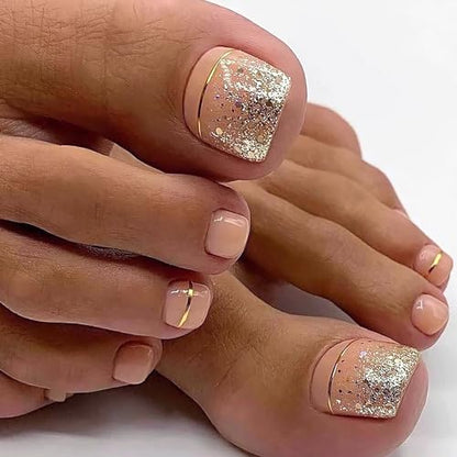 Chic Design Press On Fake Toenails, 24Pcs Square Shape, Glitter and Glossy Full Cover Acrylic-Free Shipping