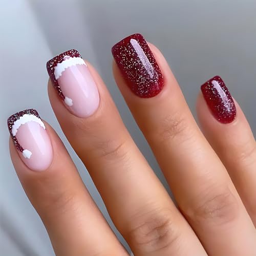 Christmas Santa Hat Design Press-On Nails Short Square Acrylic Set 24pcs Stick-On Manicure-Free Shipping