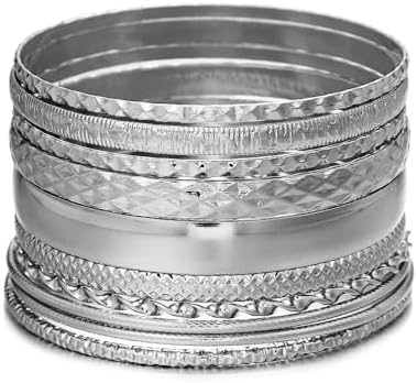 Gold and Silver Bangle Bracelet Sets - Multi-Layer Stackable Textured Bangles