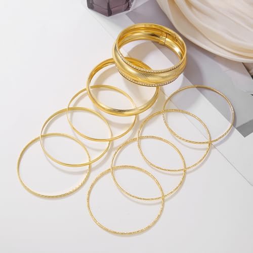 Gold and Silver Bangle Bracelet Sets - Multi-Layer Stackable Textured Bangles