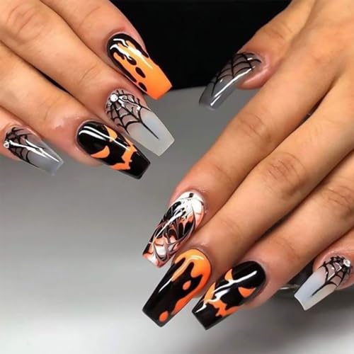 Scary Pumpkin Web Halloween Press On Fake Nails, Long Square Acrylic Press-Ons, 24Pcs Set-Free Shipping