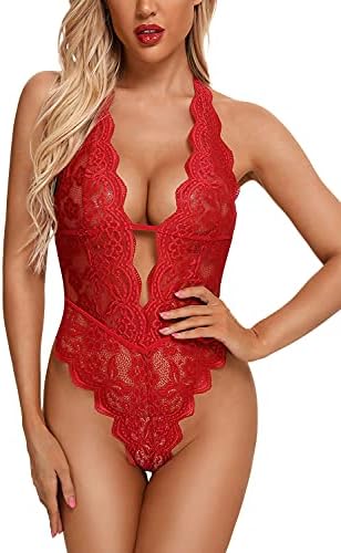 Sexy Hollow Out Floral Lace Bodysuit - Women's Deep V Teddy Babydoll Lingerie- Free Shipping