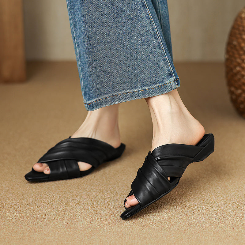 Ruched Lambskin Handmade Leather Flat Sandals - Free Shipping