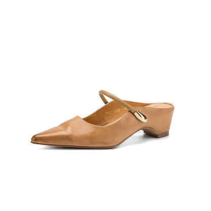 Cowhide Pointed Toe Block Mary Jane Mule Sandals - Free Shipping