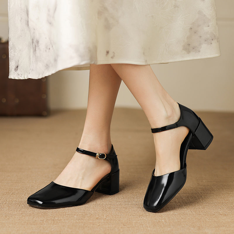 Cutout Mary Jane Full-Grain Cowhide Square Toe Block Heel Sandals - Free Shipping