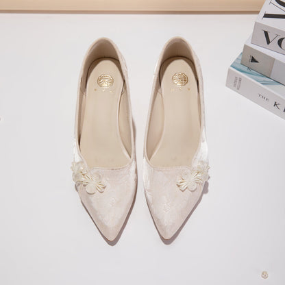 Jacquard Floral Pearl Satin Pointed-Toe Kitten Heels - Free Shipping