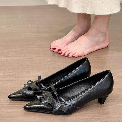 French-Style Kitten Heels with Ruffled Hem & Bow Tie - Free Shipping