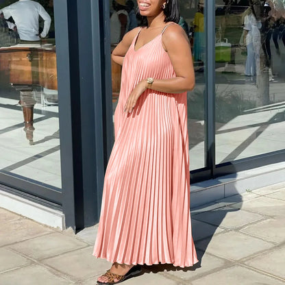 Elegant Pleated Summer Dress - Loose Waisted V-Neck Spaghetti Strap Maxi Dress-S-XXXL-Free Shipping