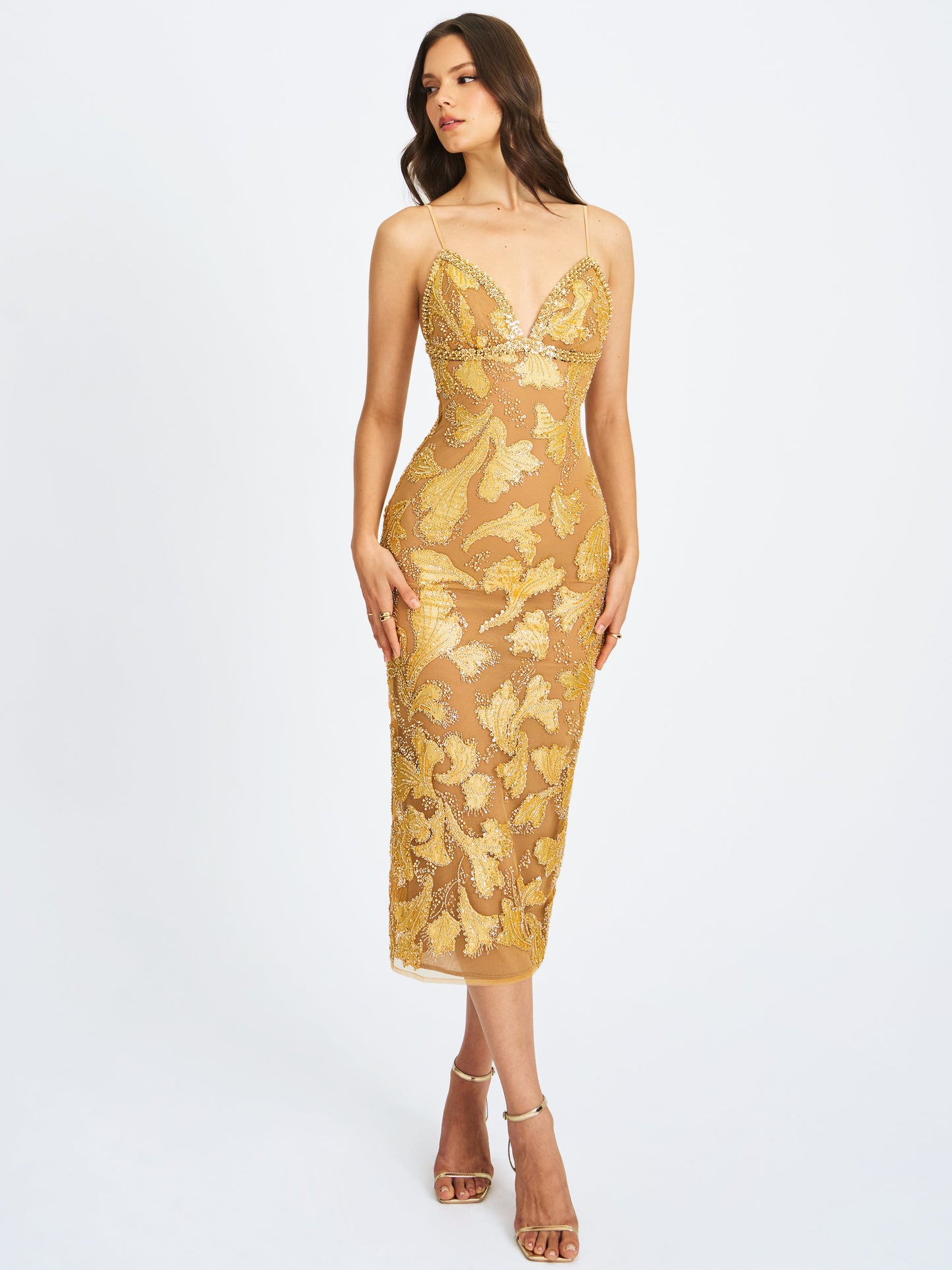 Miss Circle Sophisticated Edie Gold Beaded Sequin Midi Pencil Dress - Free Shipping