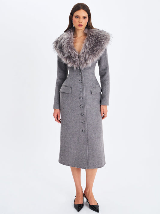 Miss Circle Faye Grey Wool Blend Single-Breasted Coat with Removable Faux Fur Collar - Free Shipping