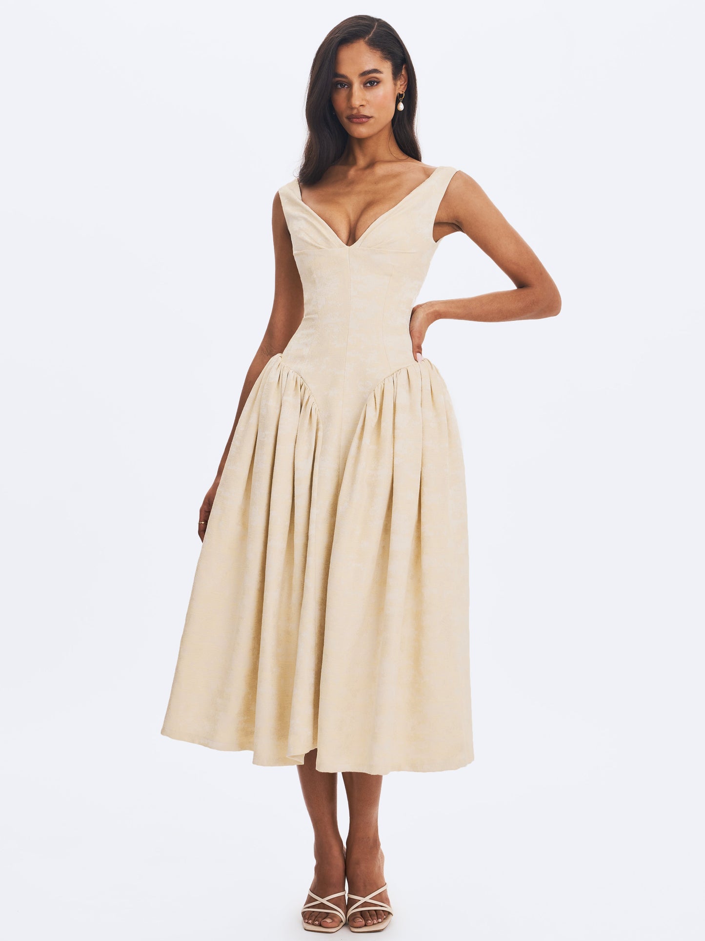 Miss Circle Elegant Chelsea Ivory Jacquard Ruched Bust Sweetheart Midi Dress - Free Shipping