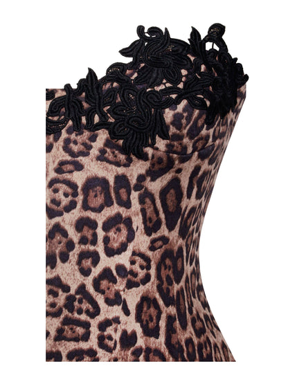 Miss Circle Uchenna Cheetah Print Stretchy Strapless Midi Dress with Lace Trim - Free Shipping