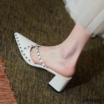 Stylish Studded Pointed Toe Slip-On Block Heels - Free Shipping