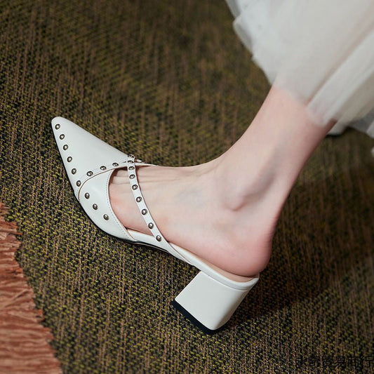 Stylish Studded Pointed Toe Slip-On Block Heels - Free Shipping