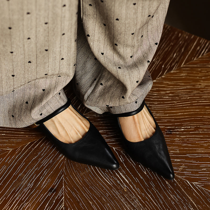 Cowhide Pointed Toe Block Mary Jane Mule Sandals - Free Shipping