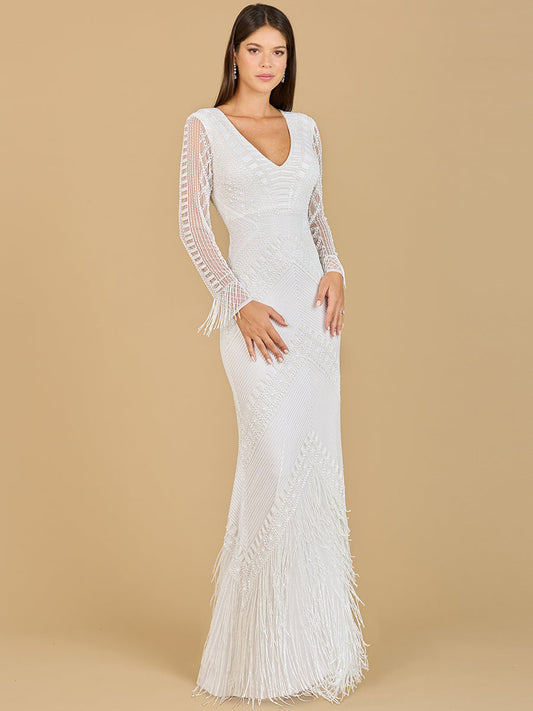 Elegant Long Sleeve Fringe Bridal Gown - Free Shipping