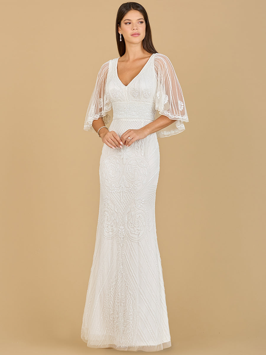 Classic Cape Sleeve V-Neck Beaded Gown - Free Shipping