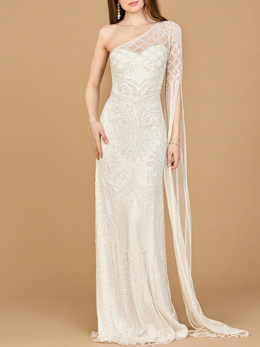 One Sleeve Beaded Bridal Gown - Free Shipping