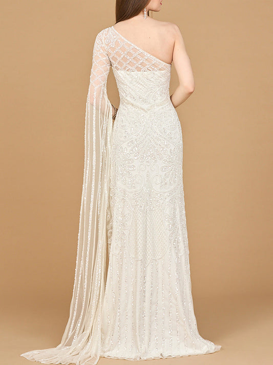 One Sleeve Beaded Bridal Gown - Free Shipping