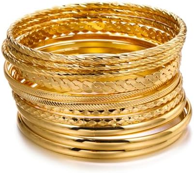 Gold and Silver Bangle Bracelet Sets - Multi-Layer Stackable Textured Bangles