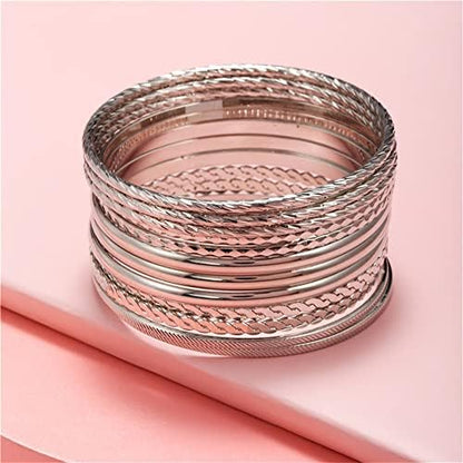 Gold and Silver Bangle Bracelet Sets - Multi-Layer Stackable Textured Bangles