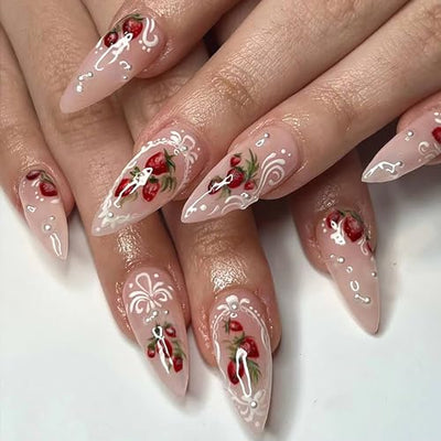 24PC Almond Glossy Press-On Nails - Medium Length, 3D Designs-Free Shipping