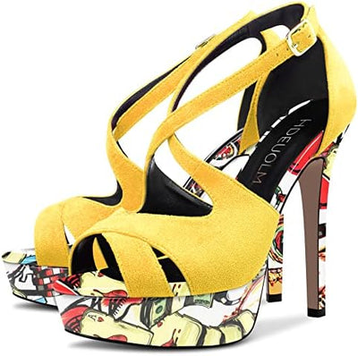 Vibrant Statement Pop Art Stiletto Platform Ankle Strap Heels 4.7in