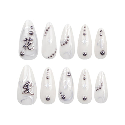 24PC Almond Glossy Press-On Nails - Medium Length, 3D Designs-Free Shipping