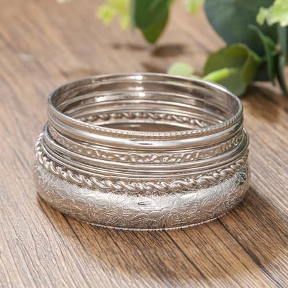 Gold and Silver Bangle Bracelet Sets - Multi-Layer Stackable Textured Bangles