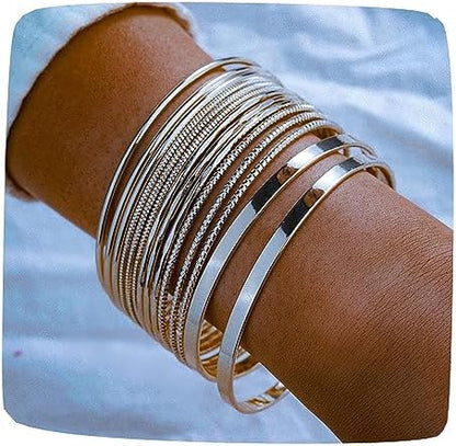 Gold and Silver Bangle Bracelet Sets - Multi-Layer Stackable Textured Bangles