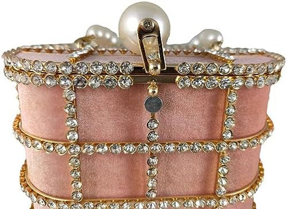 Glamorous Rhinestone-Encrusted Bucket Clutch - Elegant Pearl Handle Detail for Special Occasions