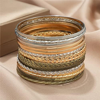 Gold and Silver Bangle Bracelet Sets - Multi-Layer Stackable Textured Bangles