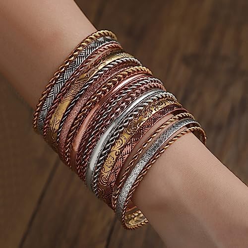 Gold and Silver Bangle Bracelet Sets - Multi-Layer Stackable Textured Bangles