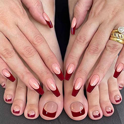 Chic Red French Press-On Nail Set for Fingers and Toes, Shimmer and Glossy Finish-Free Shipping