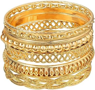 Gold and Silver Bangle Bracelet Sets - Multi-Layer Stackable Textured Bangles