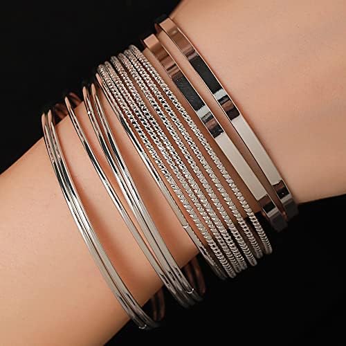 Gold and Silver Bangle Bracelet Sets - Multi-Layer Stackable Textured Bangles