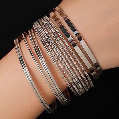 Gold and Silver Bangle Bracelet Sets - Multi-Layer Stackable Textured Bangles