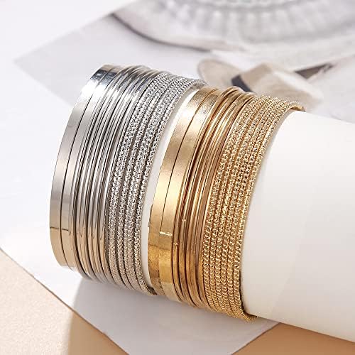 Gold and Silver Bangle Bracelet Sets - Multi-Layer Stackable Textured Bangles