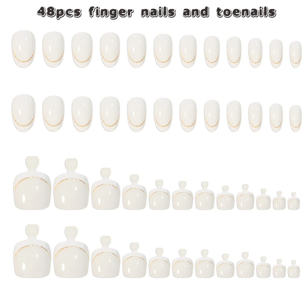 Elegant White French Press-On Nail Set for Fingers and Toes, Shimmer and Glossy Finish-Free Shipping