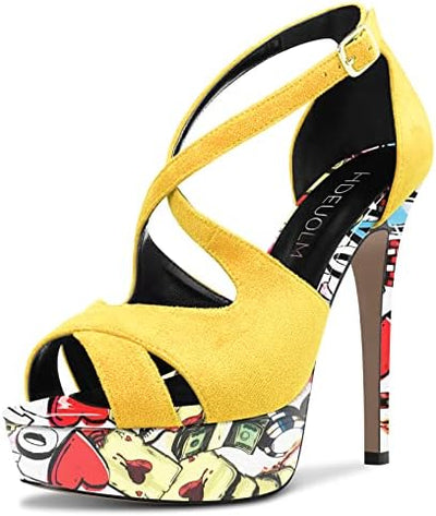 Vibrant Statement Pop Art Stiletto Platform Ankle Strap Heels 4.7in