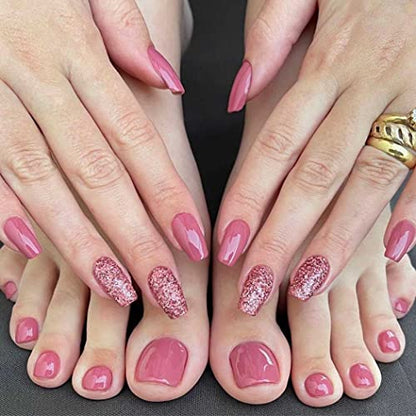 Stylish Pink Press-On Nail Set for Fingers and Toes, Shimmer and Glossy Finish-Free Shipping