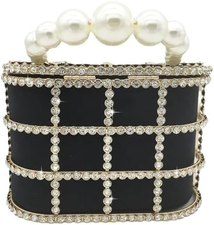 Glamorous Rhinestone-Encrusted Bucket Clutch - Elegant Pearl Handle Detail for Special Occasions