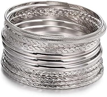 Gold and Silver Bangle Bracelet Sets - Multi-Layer Stackable Textured Bangles