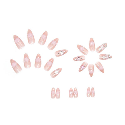 24PC Almond Glossy Press-On Nails - Medium Length, 3D Designs-Free Shipping